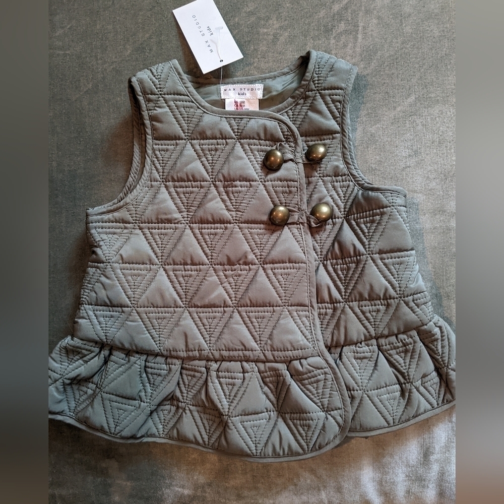 NWT Max Studio Kids Quilted Ruffled Girls Vest 18 months Loden Green